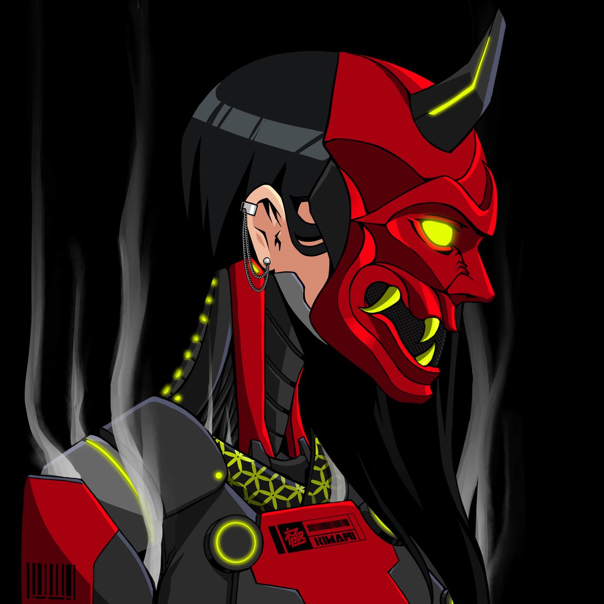 Kiwami_eth's tweet image. The hannya mask is a mask used in Japanese Noh theater,representing a female turned into a demon. It is characterized by two sharp bull-like horns, metallic eyes, and a leering mouth. 

This cybernetic mask is reserved for especially talented women.