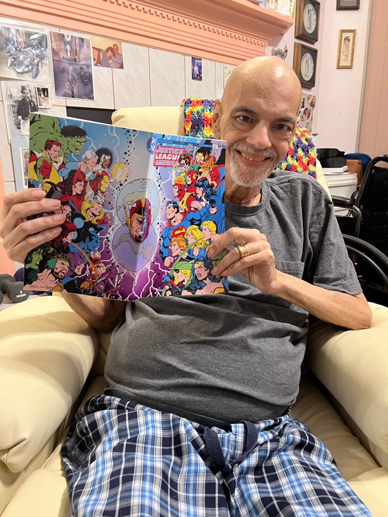 SunshineCVE's tweet photo. George is feeling well &amp; is working with PT to get stronger. He’s at home enjoying his time with family and friends.
Today a fan sent him a lovely gift. Roel Robles used George’s original pencils from the unfinished 1983 JLA/Avengers to create a finished comic (1/2) https://t.co/oLvny8YMEp