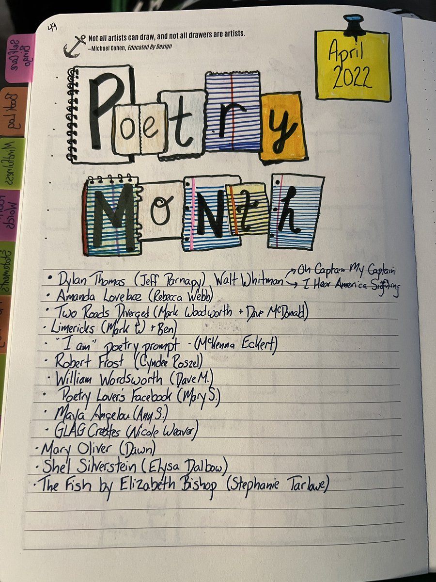 RCMcLean's tweet photo. I’ll be keeping track of my #PoetryMonth journey in my @dbc_inc #JLAP Here’s the idea collection so far and my header doodle #poems https://t.co/VSycZ9UrVt