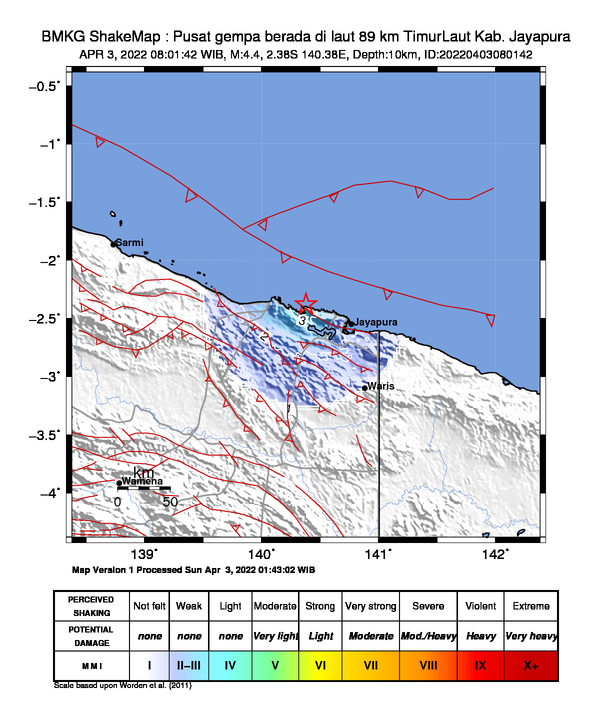 infoBMKG's tweet photo. #Gempa Mag:4.4, 03-Apr-22 08:01:42 WIB, Lok:2.38 LS, 140.38 BT (Pusat gempa berada di laut 89 km TimurLaut Kab. Jayapura), Kedlmn:10 Km Dirasakan (MMI) III Kota Jayapura #BMKG https://t.co/ul0dJz83uO