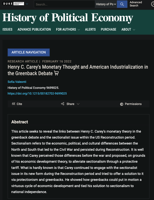 Really great paper by <a href="/ValeontiSofia/">Sofia Valeonti</a> on Henry Carey's monetary thought concerning 19th century American greenbacks

Check it out here:
doi.org/10.1215/001827…