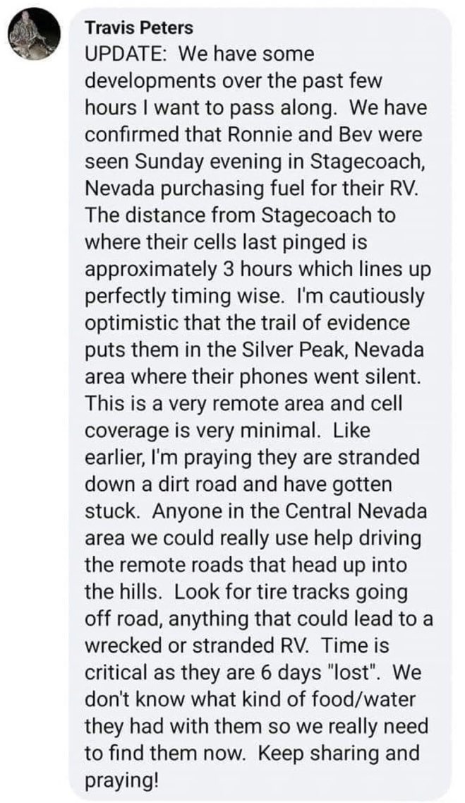 #Missing Ron and Bev Baker. Couple traveling in RV with #Indiana plates Last seen in #Stagecoach, #Nevada Suspected to be around #SilverPeak, NV in #EsmeraldaCounty! #camping #traveling #Tonopah #MissingPersons #Nomad #vanlife #rvlife #dispersedcamping #hiking #CampingNV #Reno