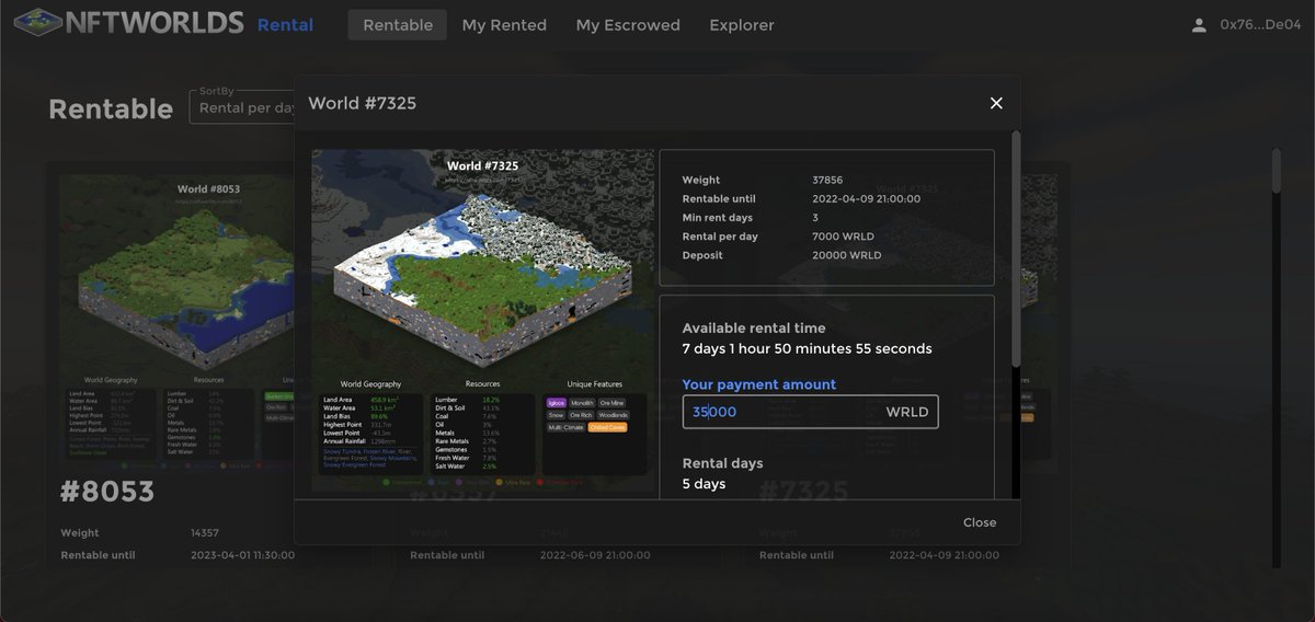 The dev team's doing something 👀

Prototype <a href="/nftworldsNFT/">NFT Worlds</a> rental marketplace coming along 🔥 from our team.

UI will be polished prior to release.