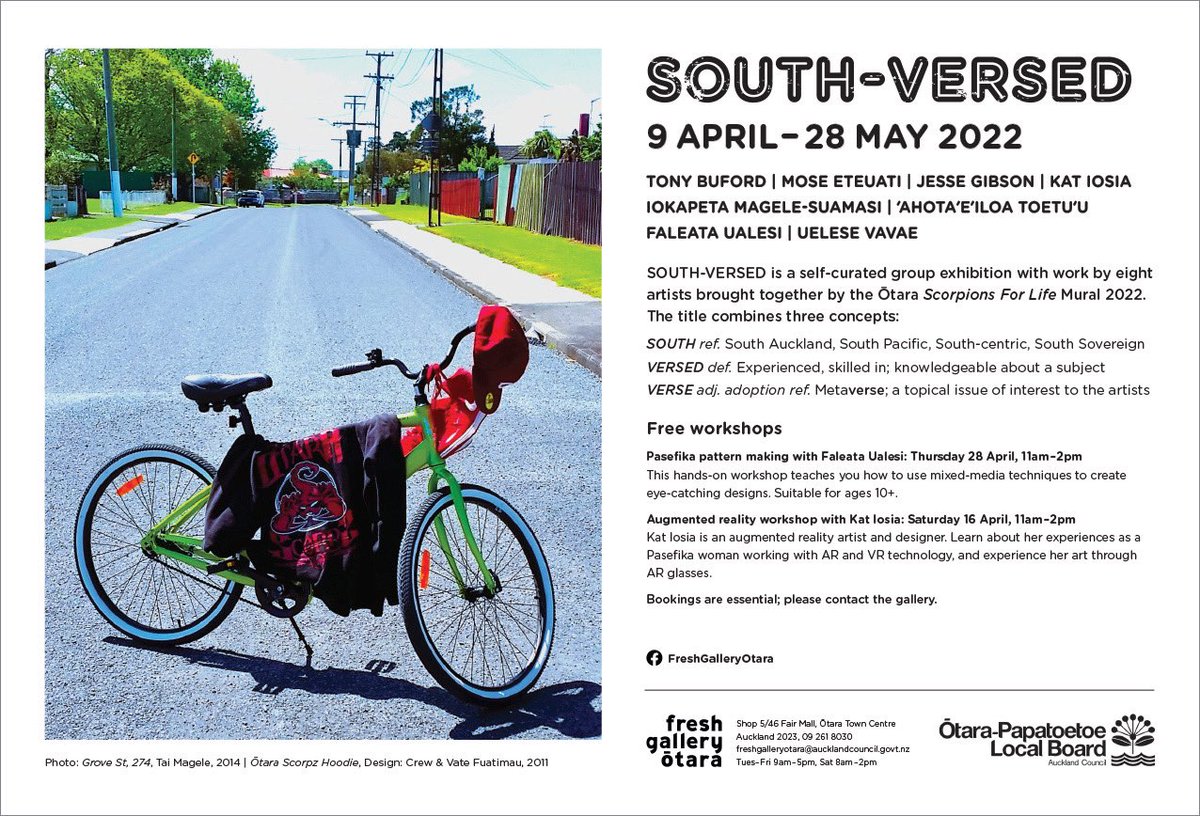 katrina_10514's tweet photo. Happy to have my #AR powered works part of the SOUTH VERSED EXHIBITION
Opens:
This Saturday 9th April - 28th May
A self-curated group exhibition with work by eight artists brought together by the Ōtara Scorpions 🦂 For Life Mural 2022 🔥!
#AR #augmentedreality @SnapAR #ōtara https://t.co/gPAwEXPCCK