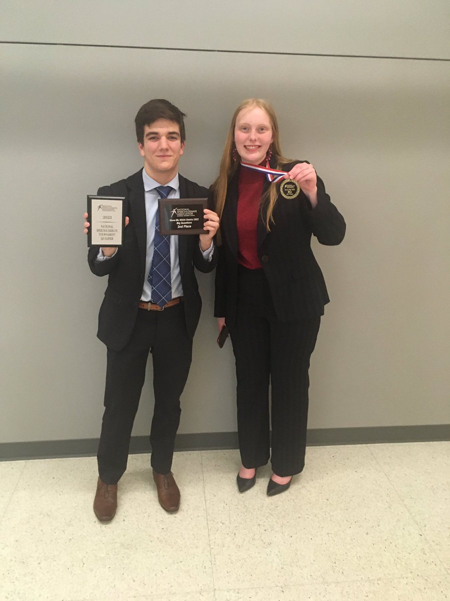 Congratulations to all of our Big Questions Debaters, and a special congratulations to our newest NSDA National Qualifier, junior Brayden Stolle!!!

Brayden finishes 2nd in BQ, while Carmen Myers finishes 4th (previously qualified in Policy Debate). 

Great job!!!