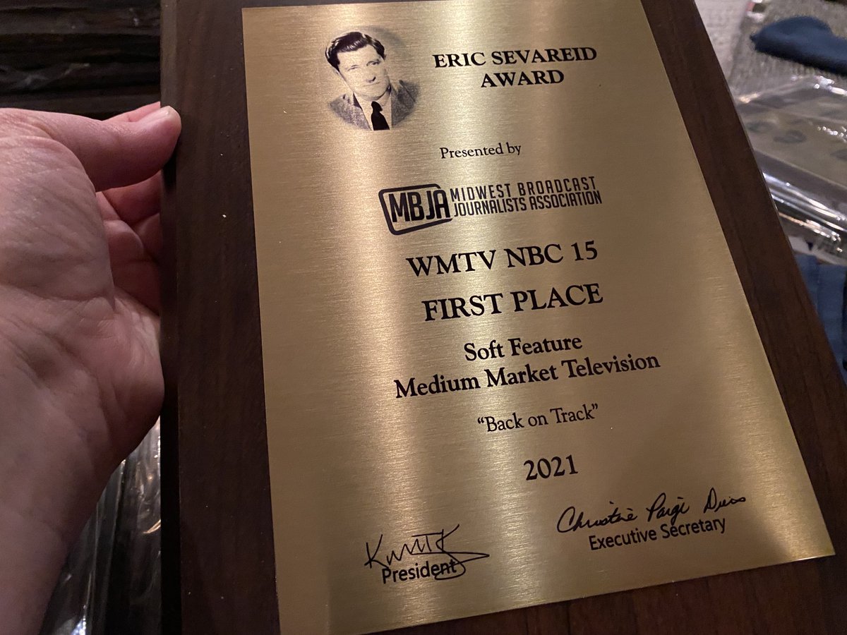 JessLaszewski's tweet photo. More great news for @TheTimReport and @CurtLenz_NBC15 - First place Sevareid Award in Feature Category for “Back on Track” #MJC22 #NBC15 #GrayProud https://t.co/w8WaBVgWr7