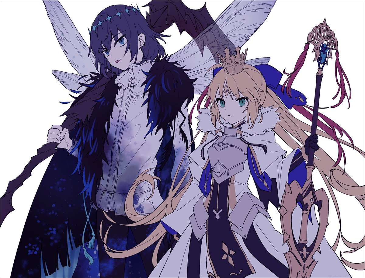 artoria caster (fate) ,artoria pendragon (fate) ,oberon (fate) 1girl 1boy blonde hair crown green eyes holding wings  illustration images