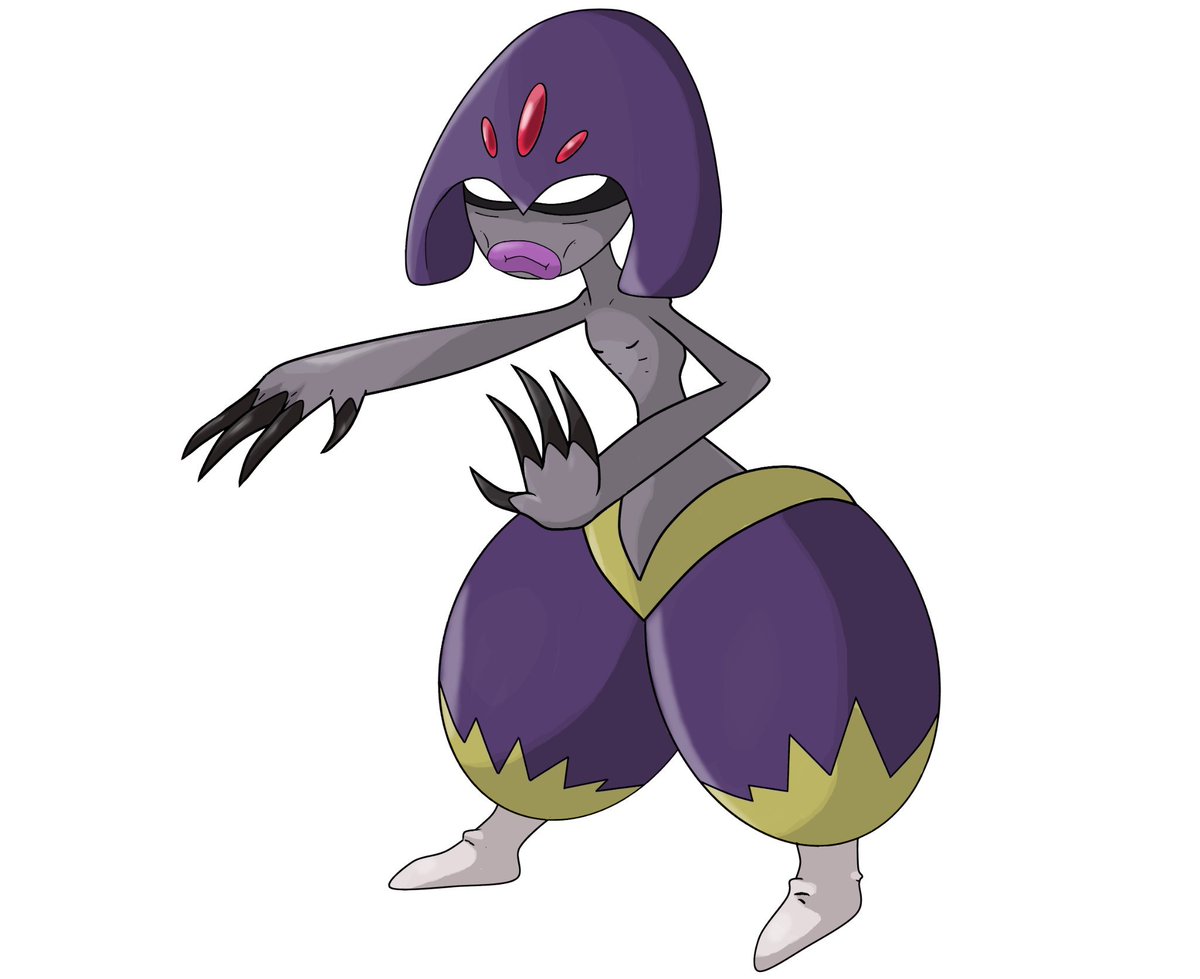 The_PessiMystic's tweet photo. And the evolved form. Dark/Psychic Medicham. Because of poor nutrition, this #Pokemon goes completely blind upon evolution. But the sensory deprivation boosts its Psychic powers to the point where vision is no longer necessary (Also by @GRaptor28 . Again, the dude is awesome) https://t.co/DfNnGrdVlm