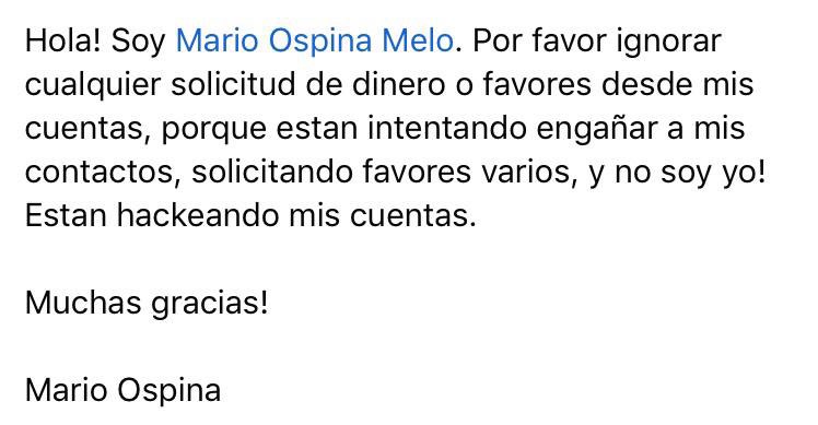 MariofOspina's tweet photo. Por favor cuidado, hackearon mis cuentas! Mario Ospina. https://t.co/wEkDWlHdyP