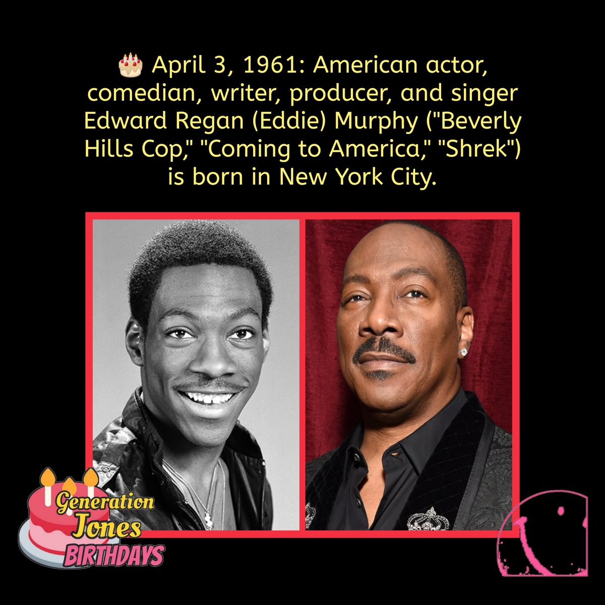GenJones1964's tweet photo. 🎂 April 3, 1961: American actor, comedian, writer, producer, and singer Edward Regan (Eddie) Murphy ("Beverly Hills Cop," "Coming to America," "Shrek") is born in New York City.

#borninthesixties #eddiemurphy @eddie_murphy_official1 #beverlyhillscop #48hours #comingtoamerica https://t.co/7vIXlF1yoD