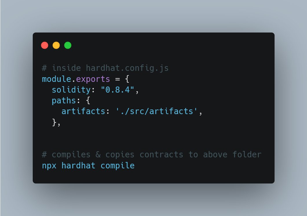 mekhiya's tweet image. #Ethereum dev stack - #Hardhat + React + #etherjs "npx hardhat compile" pushes contract abi to src/artifacts inside react app. gitignore has artifacts. Hence for deployment you have two options - 1)remove artifacts from gitignore or 2) run "npx hardhat compile" on server