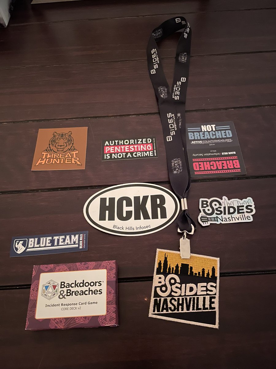 Daniel Karistai (@hackswithcoffee) on Twitter photo What a fun day and super grateful for the opportunity to be involved with this year’s event.
Also thanks <a href="/BHinfoSecurity/">Black Hills Information Security</a> for the cool stickers + new TTX card game and to <a href="/dpcybuck/">Skippy</a> for the limited <a href="/bsidesnash/">BSides Nashville</a> sticker! 😍😍 What a fun day and super grateful for the opportunity to be involved with this year’s event.
Also thanks <a href="/BHinfoSecurity/">Black Hills Information Security</a> for the cool stickers + new TTX card game and to <a href="/dpcybuck/">Skippy</a> for the limited <a href="/bsidesnash/">BSides Nashville</a> sticker! 😍😍