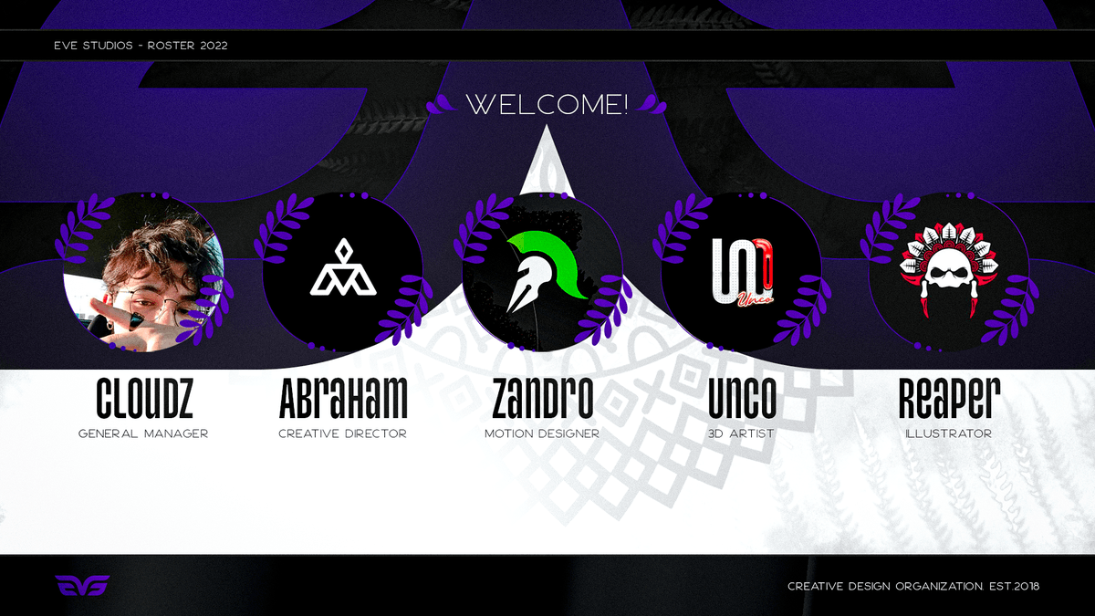StudioOfEve's tweet photo. EVE Studios Roster 2022 😈

🔹@CloudzKn - General Manager
🔹@AbrahamPSD - Creative Director
🔹@Zandros_ - Motion Designer
🔹@Unco_UFX - 3D Artist
🔹@iReaperWorks - Illustrator

#ReachTheEvolution 👁️ https://t.co/IWin13HOA2
