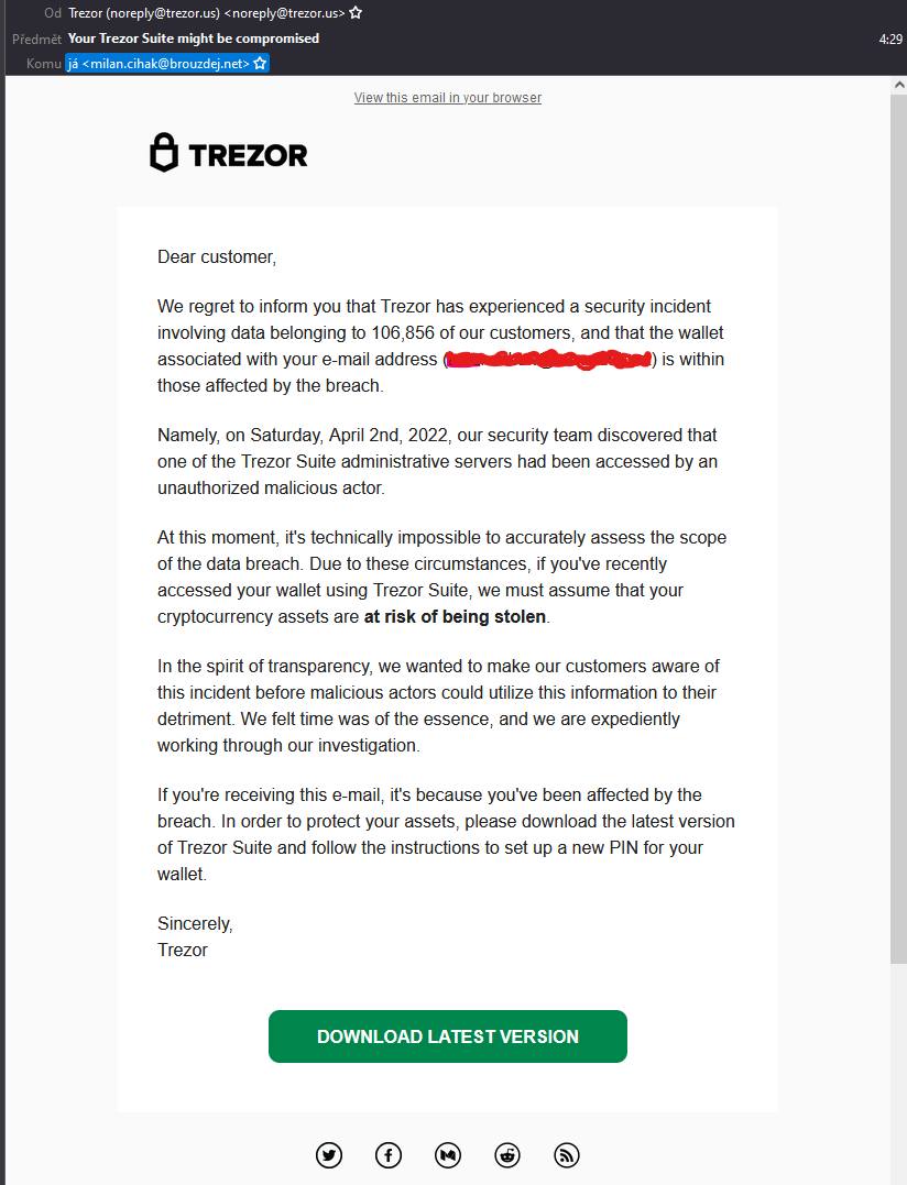 ZaujaloMa's tweet photo. Pozor - šíri sa phishing mail z fake adresy Trezoru. Neklikať (!!!) a nepostupovať podľa inštrukcii (!!!), aby ste si si nenainštalovali škodlivý softvér. Vyzerá to cca nejako takto: https://t.co/EbrMR0eLH8