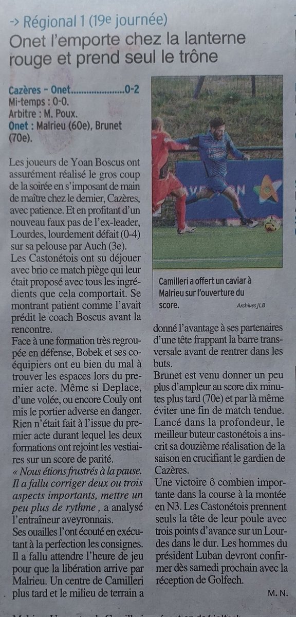 Retour dans votre quotidien Centre Presse, sur la victoire de nos seniors 1 à Cazères samedi soir et installé seul sur le fauteuil de leader avant la réception de Golfech samedi prochain.