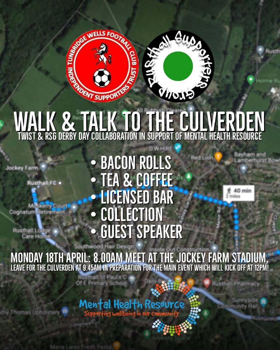 Thank you to everyone that has helped us and <a href="/TWFCsupporters/">TWFCSupporters</a> shout about our Walk &amp; Talk which takes place before the Easter Monday ‘Rocks Derby’ game between <a href="/Tun_Wells_FC/">Tunbridge Wells FC</a> &amp; <a href="/FCRusthall/">Rusthall FC</a>.