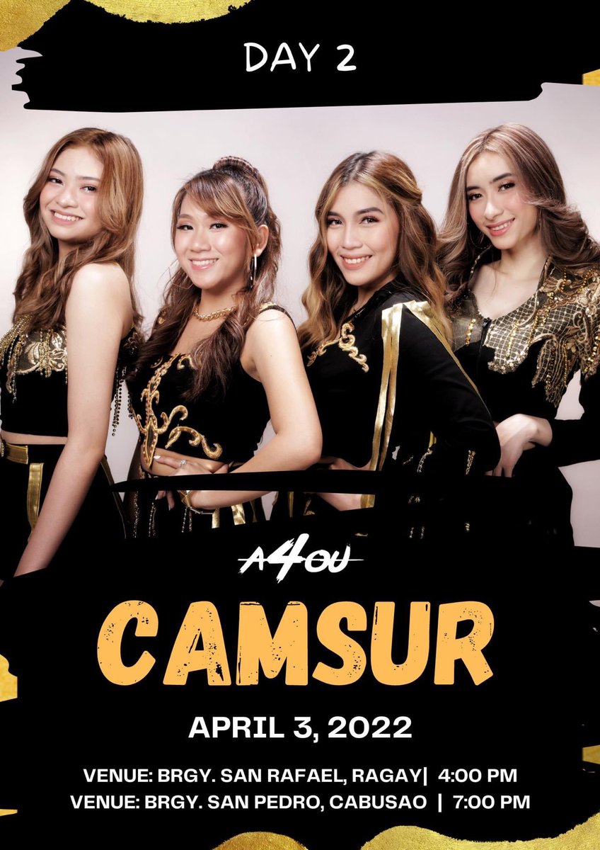 Day 2 LIVE sa Camarines Sur ngayong April 3, 2022! ☺️

Venue: Brgy. San Rafael,Ragay | 4:00pm
Venue: Brgy. San Pedro, Cabusao | 7:00pm

See you there! ❤️

#A4OUinCamarinesSur #A4OU #A4OUDay2