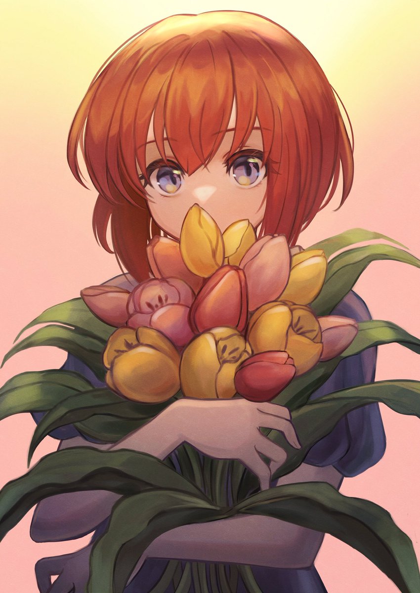 1girl flower solo holding short hair looking at viewer short sleeves  illustration images