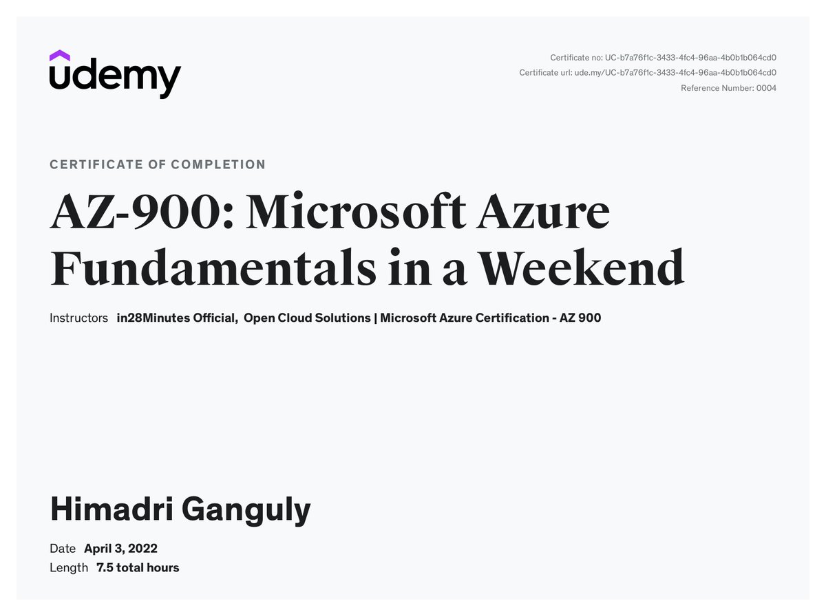 My course completion certificate for "AZ-900: Microsoft Azure Fundamentals in a Weekend" ude.my/UC-b7a76f1c-34… via <a href="/udemy/">Udemy</a> 

Thank you <a href="/ibm_in/">IBM India</a> and <a href="/udemy/">Udemy</a> for this type of wonderful learning opportunity.

#azure #az900 #microsoft #devops #cicd #automation #ibm #stillsomuchtolearn