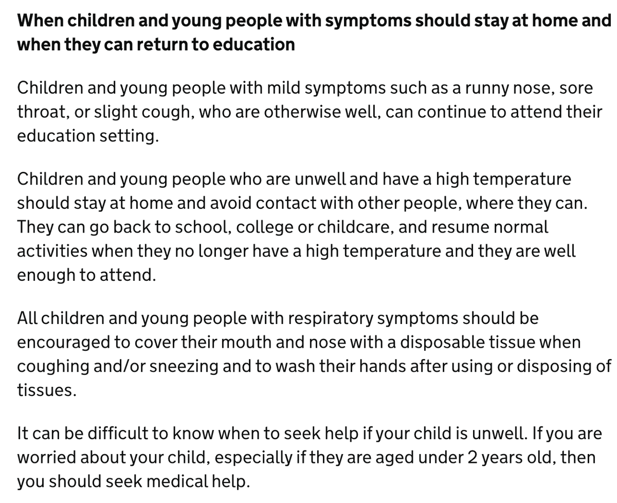 dgurdasani1's tweet photo. This is actual guidance from our govt now for children- even if they're unwell, as long as they don't have fever, send them to school. The vast majority of infected children will have mild symptoms or be asymptomatic. How on earth can CV households remain safe in all this? https://t.co/h3rLgya4Nv