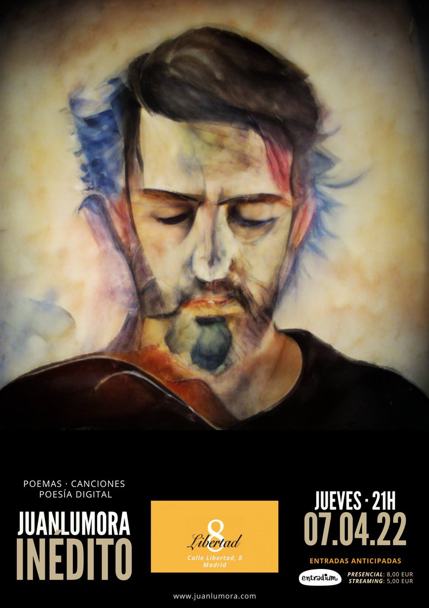 juanlumora's tweet photo. MADRID

Recital / concierto INÉDITO este jueves 7 de abril a las 21h en @cafelibertad8.

https://t.co/OnBrGxYgrX

¡Ganas de sentiros cerca de nuevo bajo las vigas de madera!

¡Besos y abrazos!
jlu https://t.co/5UF6CWVPnh