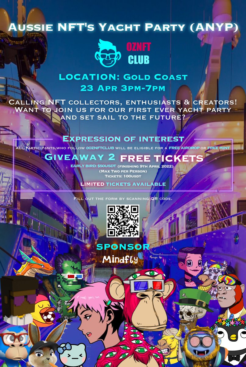 OZNFTclub's tweet photo. Aussie NFT's Yacht Party (#ANYP)
All participants who join this event will be eligible for a free airdrop or mint #nft
To enter:
1️⃣ Like & RT
2️⃣ Follow @oznftclub
3️⃣ Tag your mates (more tags, more chance)
EOI form: https://t.co/a01PHPC5at
#NFTs #Giveaway #NFTGiveaways https://t.co/JsxDB3j1sH