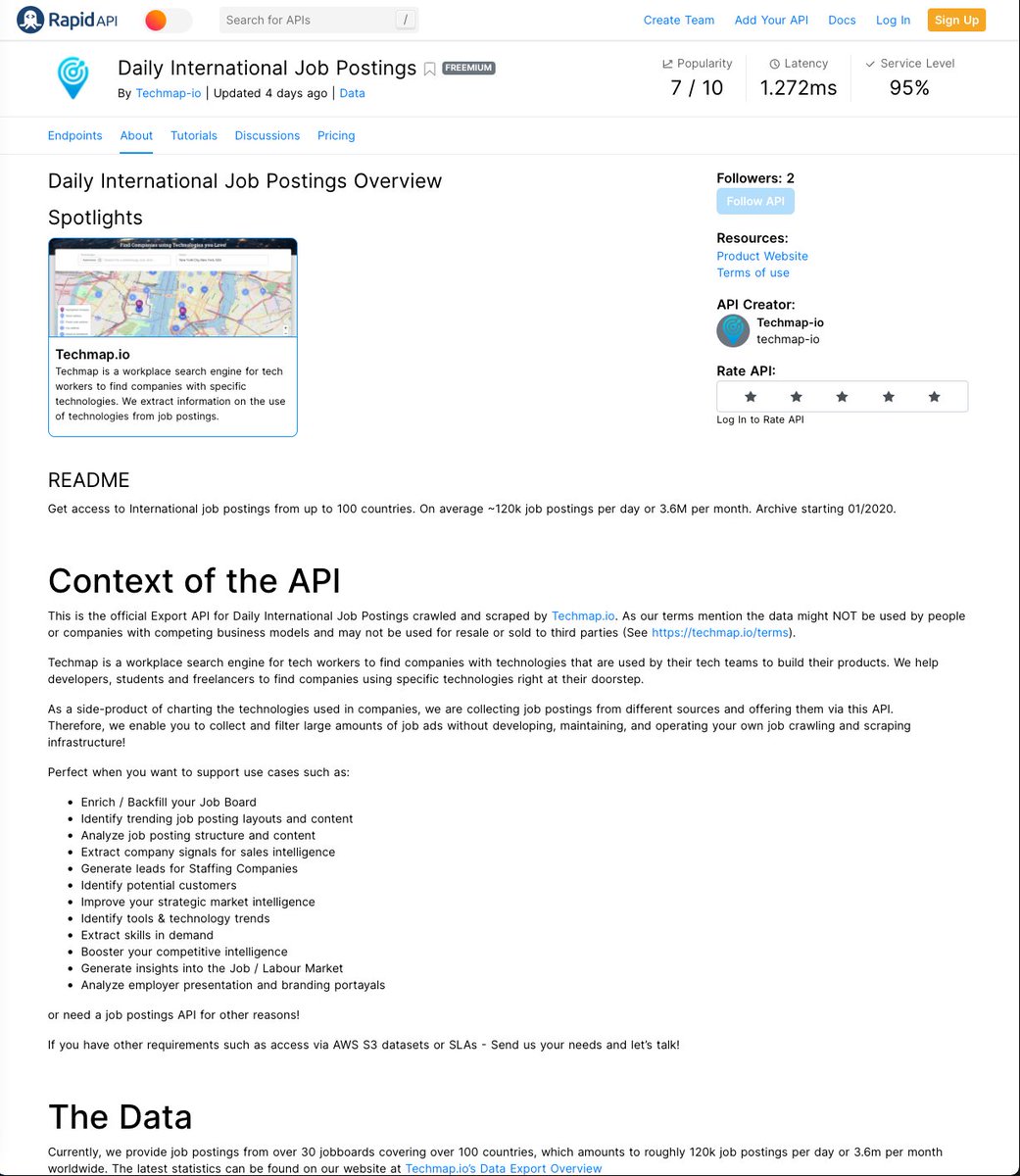 Techmap_io's tweet image. Want Job Postings data feed? We’ve finally released v1 of our Job Posting Data API. Dating back to January 2020.
rapidapi.com/techmap-io-tec…
#StartupSunday #JobFeed @RapidAPI