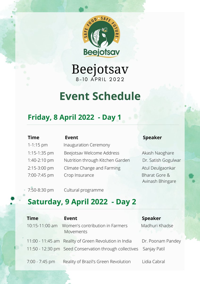 beejotsav's tweet photo. Schedule of Beejotsav 2022

@_JaiKisan @GRAIN_org @kkuruganti @ASHAKisanSwaraj @MahilaKisan @devi_kutty @via_campesina @Devinder_Sharma @bbcnewsmarathi

#Nagpur #nagpur #beejotsav #beejotsav2022 #India #seed #Farming #sustainability #Farmers #organic #sustainabledevelopment https://t.co/b1O4hSVKg6