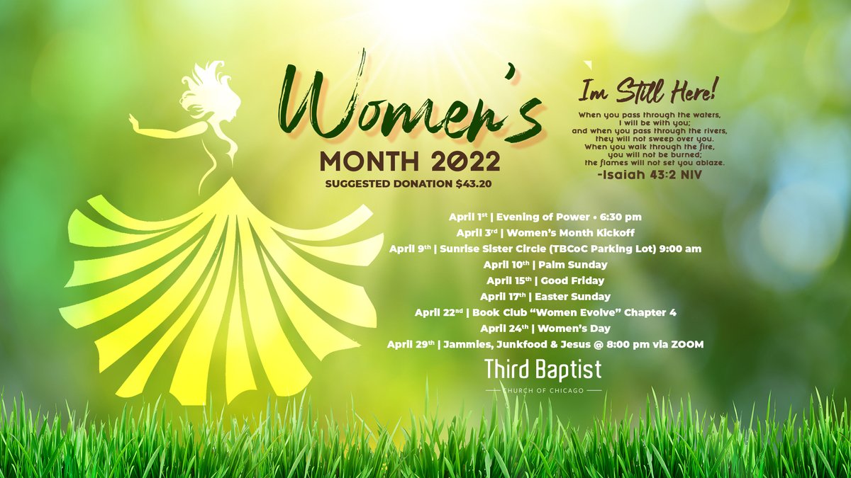 ThirdBaptistChi's tweet photo. Womens History Month may be over, but ours is just beginning! Join us as we celebrate OUR Women's Month at Third Baptist. We have an exciting lineup for you! Check it out and make sure you're signed up through Flocknote to get the details! #TBCoC #WomensMonth https://t.co/KsjpMnRAe4