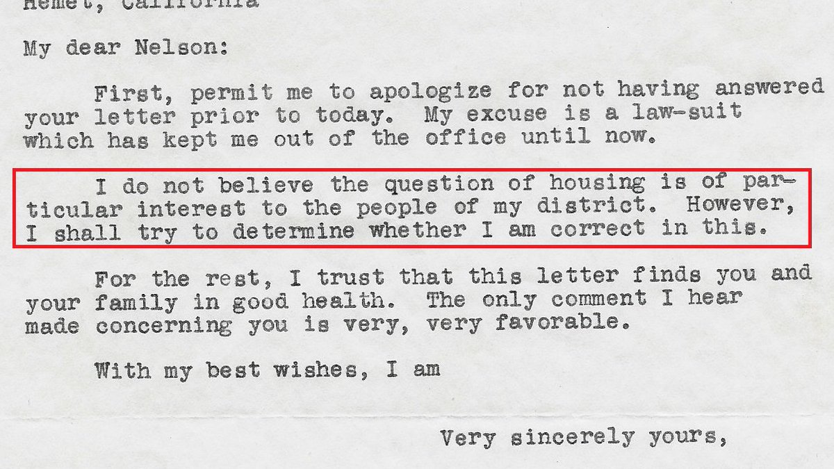 AlexCVassar's tweet photo. Some great CA #housing history from way back. In 1940, the #CAStateAssembly created a "Housing and Slum Clearance Fact Finding Committee." The committee wrote letters to legislators asking if housing conditions in their districts required investigation.
Nope. Not in my district. https://t.co/5v2bTiXGyd