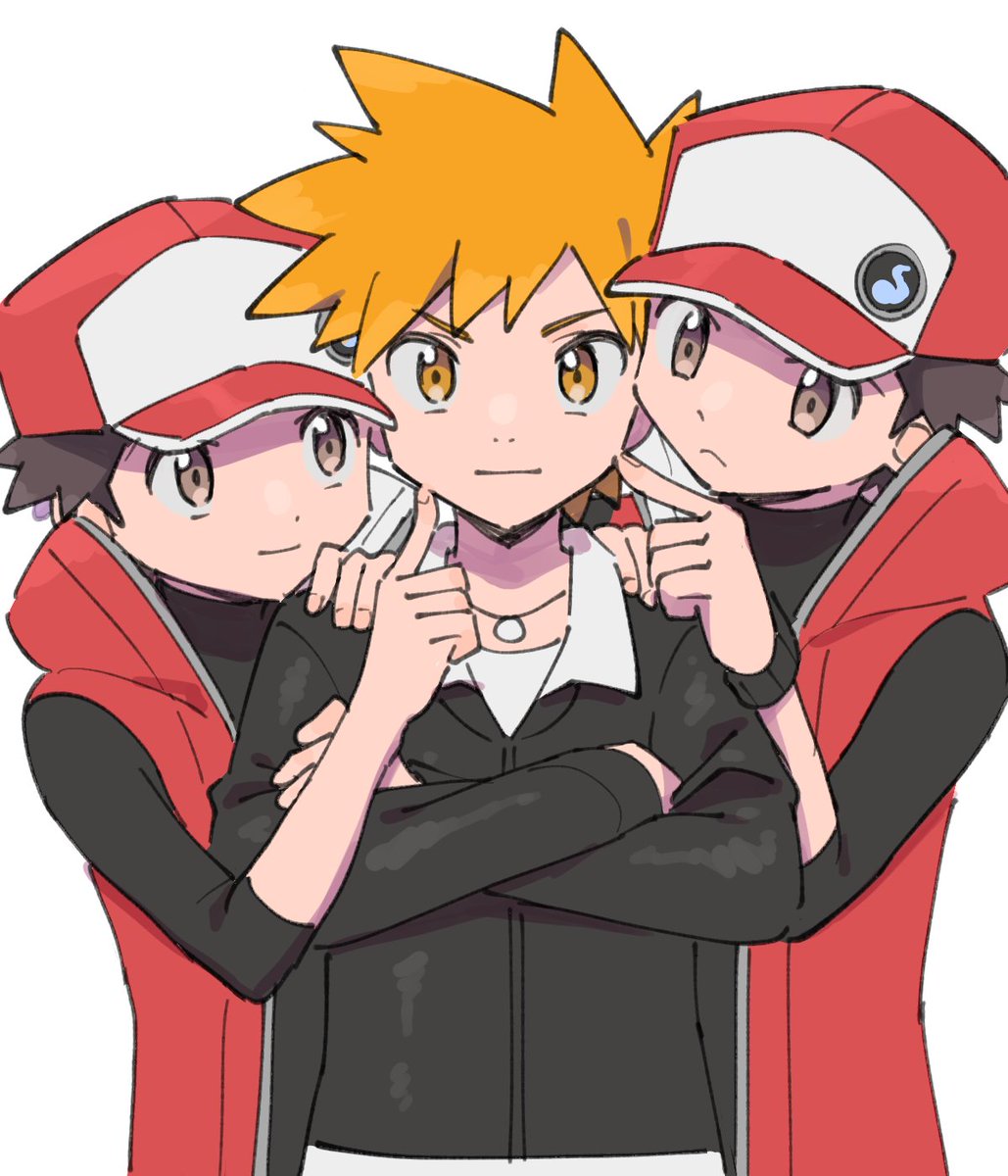 blue oak ,red (pokemon) male focus multiple boys sleeveless coat hat closed mouth shirt spiked hair  illustration images