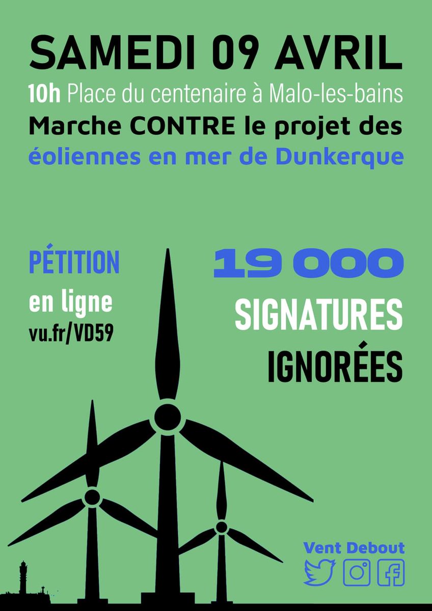 VentDebout59's tweet photo. Marche silencieuse le 09 avril à 10h sur la digue place du centenaire CONTRE l'enterrement de notre patrimoine naturel par nos décideurs. https://t.co/lvPSvQsPtp
#ProtegeonsNotreLittoral #LesDDF #Gazoliennes #Dunkerque #MoratoireEoliennes #WakeUp https://t.co/qXFm6KhSZ6