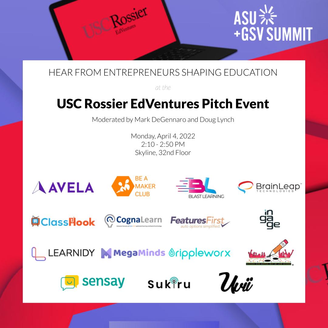 The @USCRossier EdVentures cohort is excited to present at @asugsvsummit on Mon 4/4 2pm (Skyline). Hear from @AvelaEducation Blast @brain_leap @beamakerclub @featuresfirst Ingage @learnidy @GoMegaMinds @RippleWorx @schoolsprograms Sensay Sukiru @Uviiapp asugsvsummit.com/sessions/usc-a…