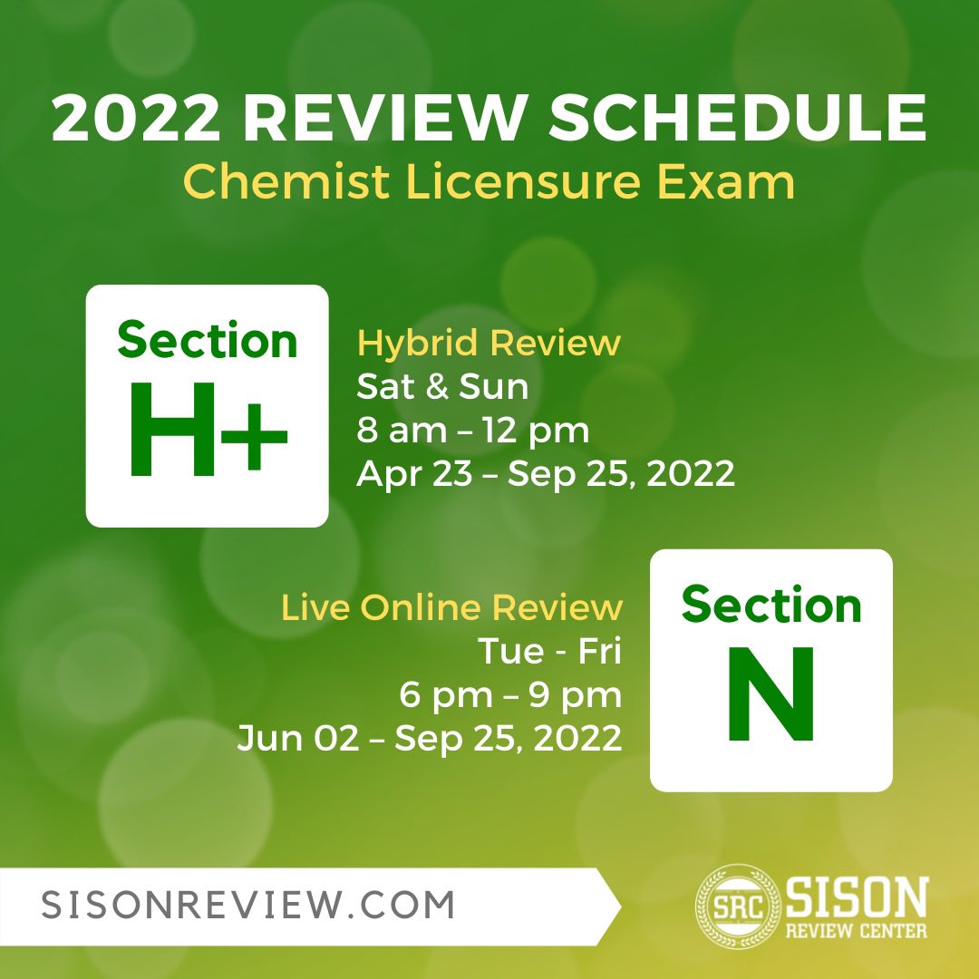 sisonreview's tweet photo. Planning to take the Chem Boards this year but can’t attend weekend classes? Enroll now in our NEW Live Online Section N, and study after office hours, right in the comfort of your own home!
Section N
T-F
6–9 pm
Jun 2 –Sep 25, 2022
₱15,400
https://t.co/1SHu18r3gL
#SisonReview https://t.co/5wh3umWoJs
