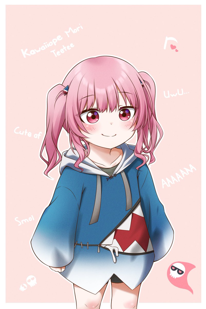 gawr gura 1girl pink hair aged down smile twintails hoodie cosplay  illustration images