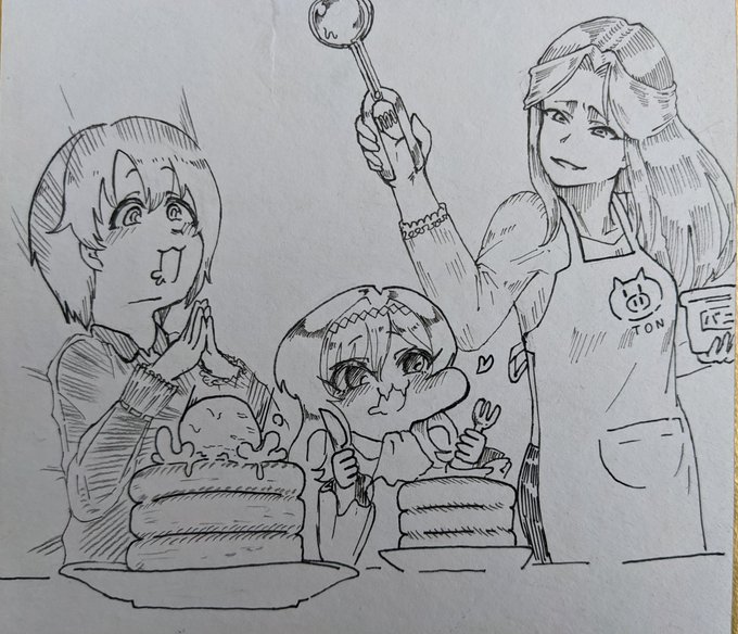 乙ちゃんとちと嬢におやつを作ってくれるに留まらずなんとパンケーキにアイスクリームをトッピングしてくれる財前時子様。 