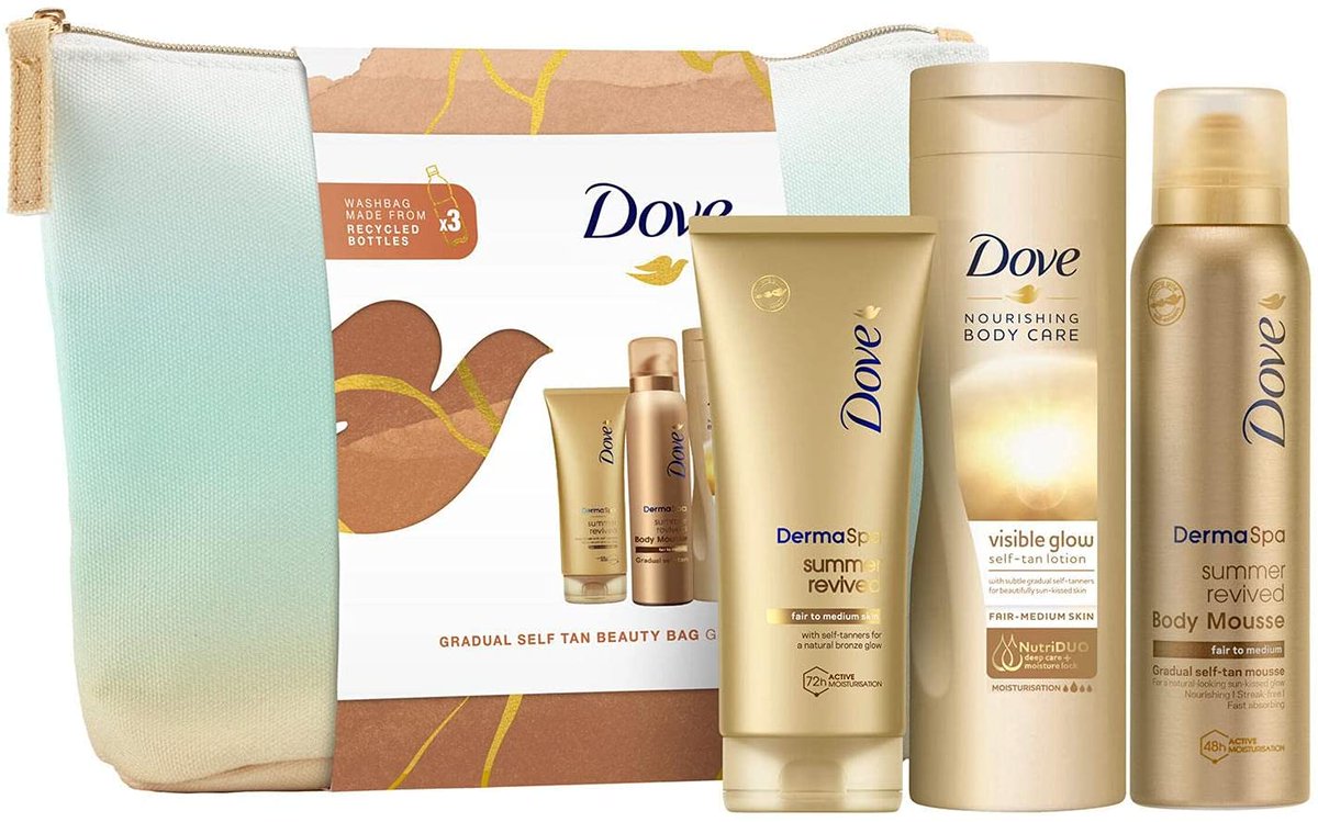 CareRegime's tweet photo. Magic away dull winter skin effortlessly with this great deal on Dove's Gradual Tan Gift Set. Under £7 for a limited time. Beauty bag includes 2x full-size Derma Spa products and 1x full-size moisturising lotion.
https://t.co/TOojRshlsT 
#UKGiftHour #MHHSBD #gradualtan https://t.co/m7HYslNlEW