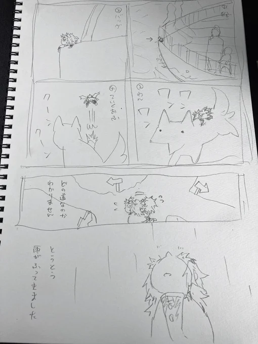 昼休みアナログです。
ハシラヘラさんの前回のていくおふ脱出から🌿に戻るまでを描きたくてとりあえず構図だけ考えてみる 