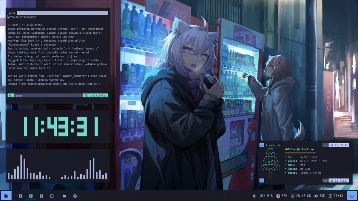 Shikikan_Neko08's tweet photo. [i3-gaps] Tokyo Night
OS : Alter Linux
WM : i3-gaps
Terminal : kitty
Font : IosevkaTerm SS01
#AlterLinux #Unixporn #LinuxRicing #LinuxRice #i3wm https://t.co/7cT9S8JuLH