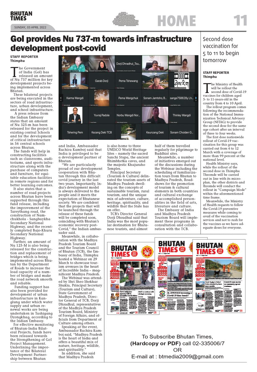 Indiainbhutan's tweet image. Bhutan Times @BhutanT reports on the provision of GOI development grant of Nu737 million for key projects of Bhutan and a Webinar on the promotion of #MadhyaPradesh Tourism held on 29 March 2022.

#DevelopmentPartners #IncredibleIndia

@MEAIndia @IndianDiplomacy @MPTourism