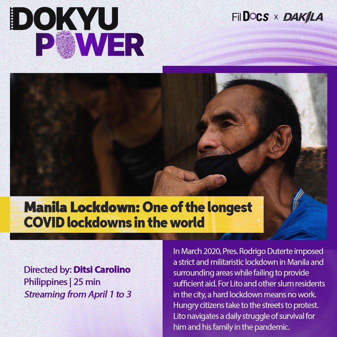 DaangDokyu's tweet photo. Ang mahal nating Pilipinas ang isa sa may longest lockdown dahil sa COVID sa buong mundo.

Sabay-sabay nating panoorin ang Manila Lockdown: One of the Longest Lockdown in the World ni Ditsi Carolino. Last day today.

To watch:
https://t.co/hiyR2Vpqaw 

#DokyuPower #KwentoNatinTo https://t.co/Wu9DkTrzjt