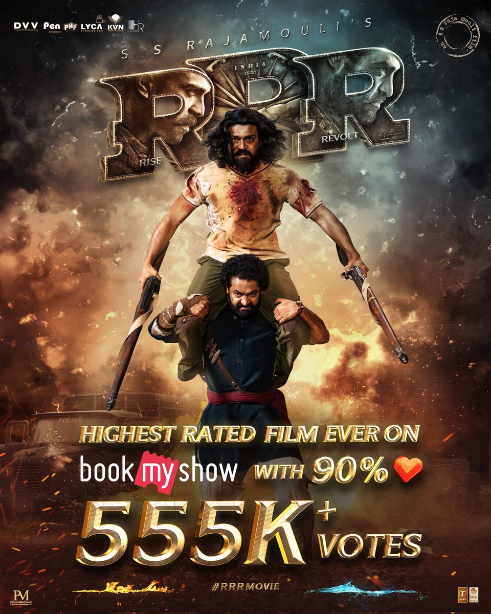 #RRRMovie becomes the most rated film ever on BookMyShow. 90% ❤️ with 555K+ Votes is unprecedented. Blasting records all over India. @ssrajamouli @tarak9999 @AlwaysRamCharan @ajaydevgn @aliaa08 @RRRMovie @dvvmovie