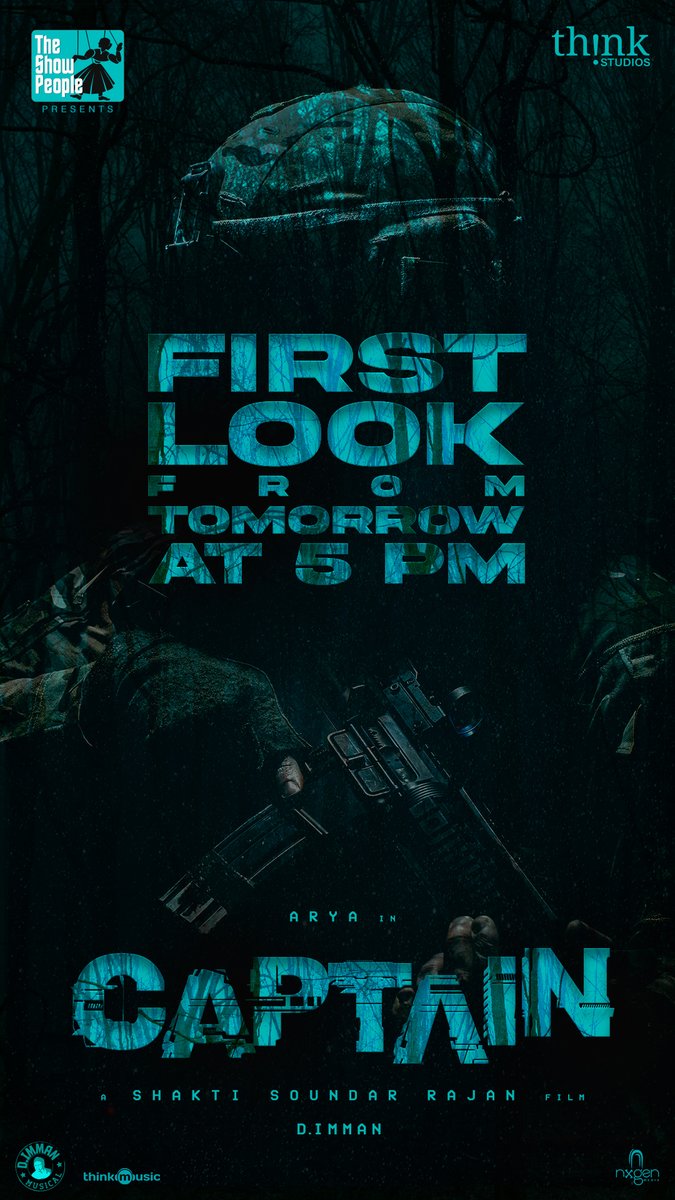 Shakti Soundar Rajan (@shaktirajan) on Twitter photo Happy to share that the #Captain first look will be unveiled tomorrow at 5pm! <a href="/arya_offl/">Arya</a> <a href="/SimranbaggaOffc/">Simran</a> <a href="/AishuLekshmi/">Aishwarya Lekshmi</a> <a href="/immancomposer/">D.IMMAN</a> <a href="/madhankarky/">Madhan Karky</a> <a href="/DopYuva/">DOP yuva</a> <a href="/PradeepERagav/">Pradeep E Ragav</a> <a href="/moorthy_artdir/">s.s.moorthi art director</a> <a href="/tkishore555/">kishore</a> <a href="/NxgenMedia/">Nxgen Media - An Animation & VFX Company</a> <a href="/gopiprasannaa/">Gopi Prasannaa</a> <a href="/DoneChannel1/">Done Channel</a> <a href="/ThinkStudiosInd/">Think Studios</a> <a href="/thinkmusicindia/">Think Music</a> Happy to share that the #Captain first look will be unveiled tomorrow at 5pm! <a href="/arya_offl/">Arya</a> <a href="/SimranbaggaOffc/">Simran</a> <a href="/AishuLekshmi/">Aishwarya Lekshmi</a> <a href="/immancomposer/">D.IMMAN</a> <a href="/madhankarky/">Madhan Karky</a> <a href="/DopYuva/">DOP yuva</a> <a href="/PradeepERagav/">Pradeep E Ragav</a> <a href="/moorthy_artdir/">s.s.moorthi art director</a> <a href="/tkishore555/">kishore</a> <a href="/NxgenMedia/">Nxgen Media - An Animation & VFX Company</a> <a href="/gopiprasannaa/">Gopi Prasannaa</a> <a href="/DoneChannel1/">Done Channel</a> <a href="/ThinkStudiosInd/">Think Studios</a> <a href="/thinkmusicindia/">Think Music</a>