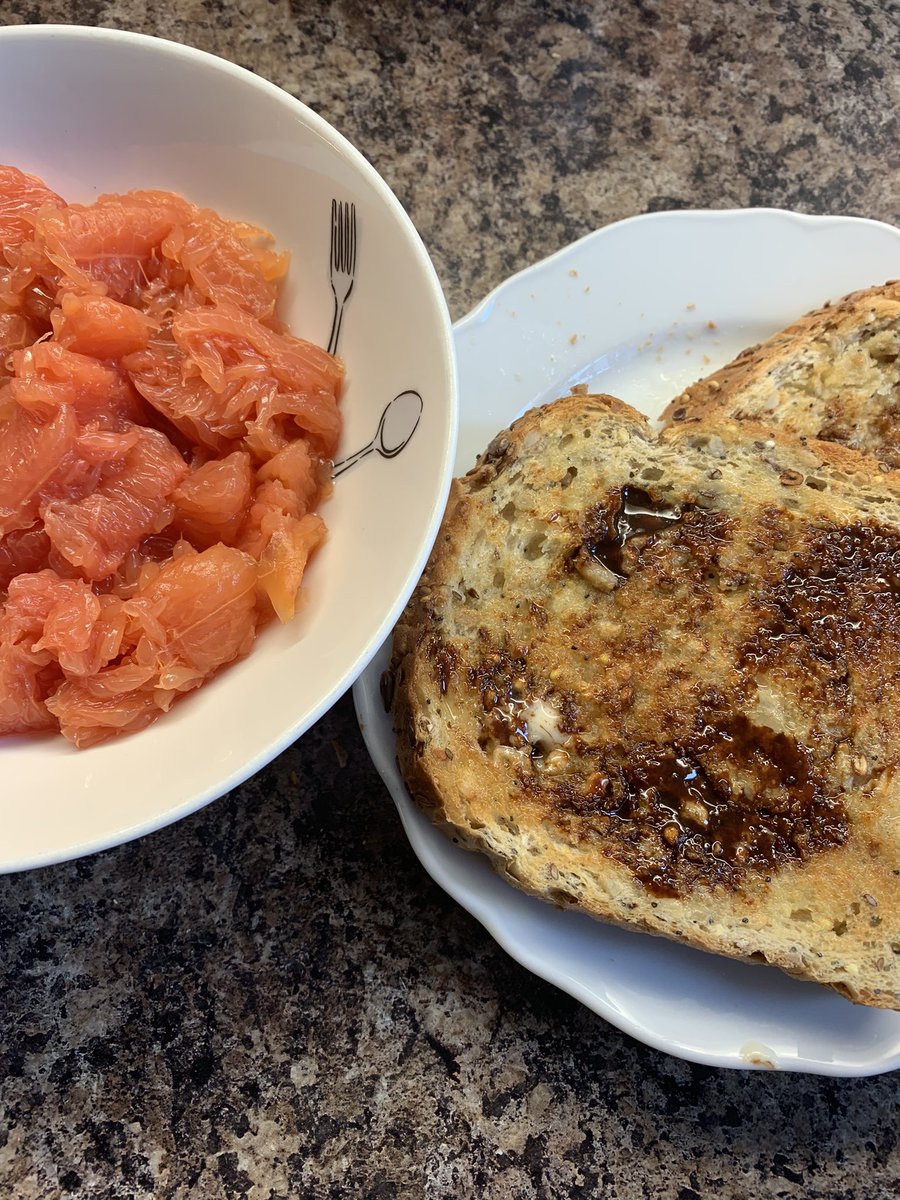 suebecks's tweet photo. Sunday breakfast and PhD brain food is pink grapefruit and toast with marmite. Followed by coffee โ๏ธ of course! #needmoreenergy https://t.co/87iSoCrzZ0