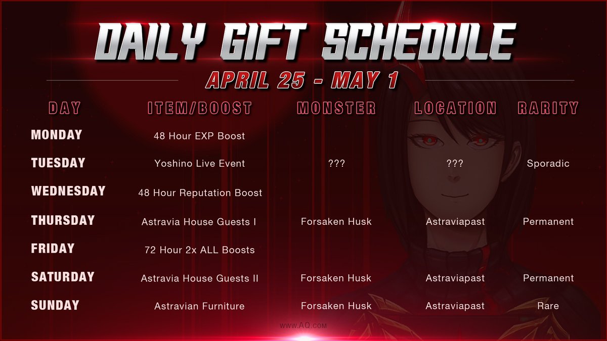 The April 2022 Daily Login Gift schedule is now available! See what server boosts, resource boosts, and reward items are headed your way. Log in each day for a new free gift, boost, or bonus! aq.com/lore/dailygifts #AQWDailyGift