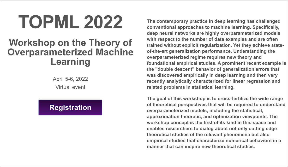 gowthami_s's tweet photo. For those of you interested in understanding the over-parametrized models, don't miss to attend the TOPML workshop! 

When 📅 - April 5-6, 10.30am-6.30pm EST
Where 📍 - Register at https://t.co/qtdGYPlhQG.
Web 🖥️ - https://t.co/Yr4TzAvUIY

#DeepLearning #MachineLearning @rice_dsp https://t.co/2CMZsqUk46