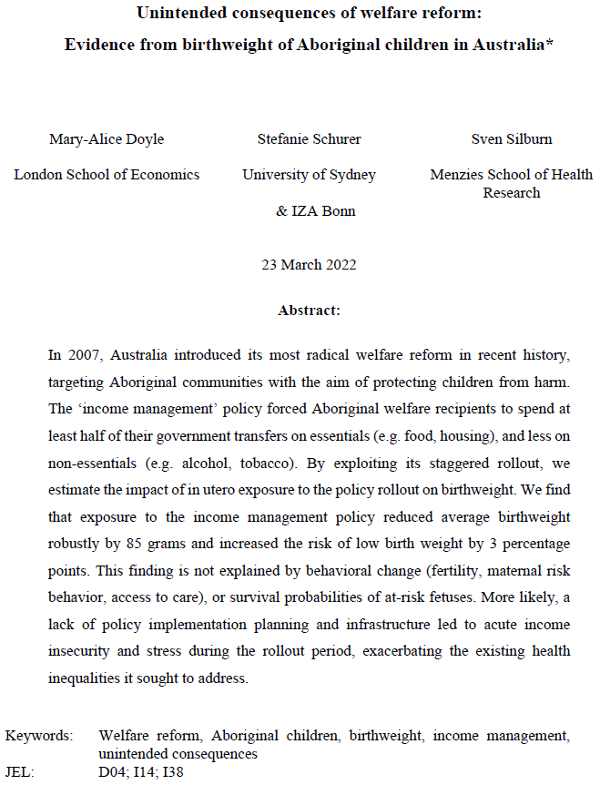 StefanieSchurer's tweet photo. I am relieved our work "Unintended consequences of welfare reform: Evidence from birthweight of Aboriginal children in Australia" (👉income management caused harm) was accepted for public. at @JHealthEcon @mary_alice_d @LSESocialPolicy Sven Silburn @MenziesResearch @USydneyEcon https://t.co/kKy4y8ORD3