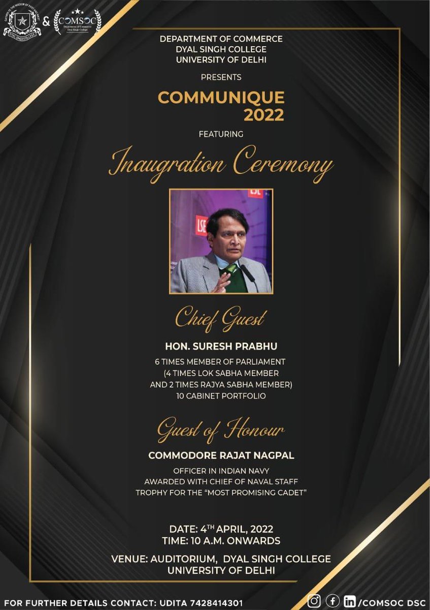 sureshpprabhu's tweet photo. Will join the inauguration ceremony of Annual Fest: Communique'22 on 4 April.  Organised by @ComSocDSC, Dyal Singh College, New Delhi . https://t.co/Idg1UbbN7o