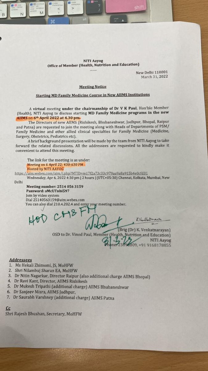 AnantBhan's tweet photo. Govt expresses an intent to launch MD Family Medicine programs in the first wave of new AIIMSes, convenes meeting to discuss plans for this 
(via WA)
#familymedicine https://t.co/MJREvklhoO