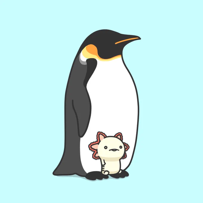 ペンギンに育てられているウーパールーパー 